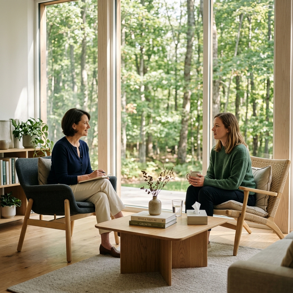 A serene therapy session in a sunlit room